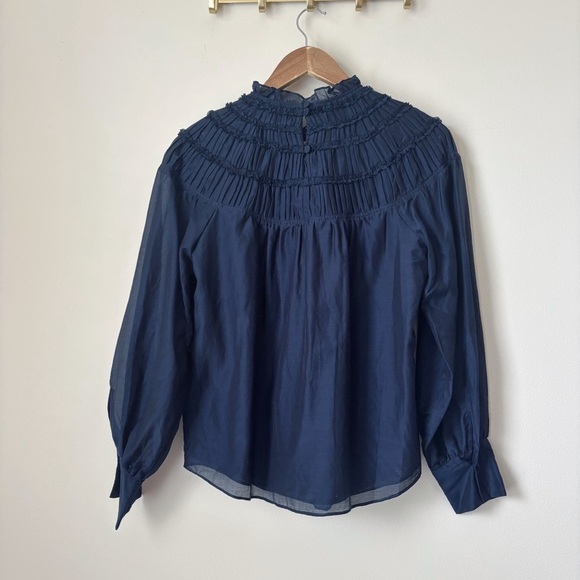 Rebecca Taylor Smocked Silk Top 4 Mock Neck Navy Blue - Picture 3 of 10